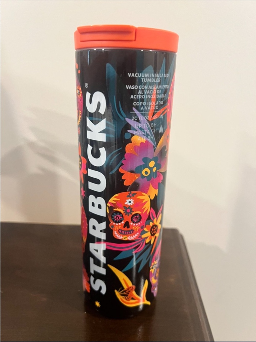 Starbucks Black Floral Day of the Dead Tumbler with Orange Lid